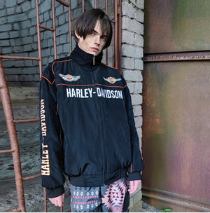 Motorbike jacket Harley biker bomber multi patch motorcycle varsity vintage Davidson letterman grunge patchwork coat in black