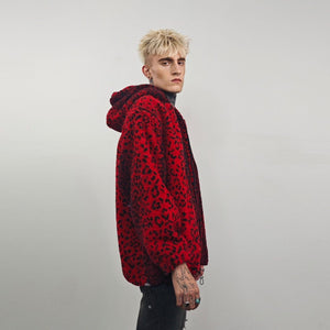 Animal print hooded jacket red leopard fleece bomber padded cheetah pullover detachable sleeves handmade top spot pattern festival overcoat