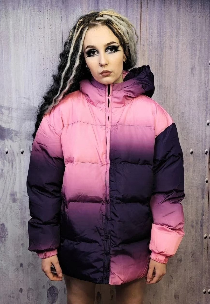 Tie-dye bomber gradient puffer jacket in faded purple pink