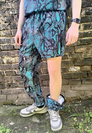 Detachable snake joggers handmade shorts python pants blue