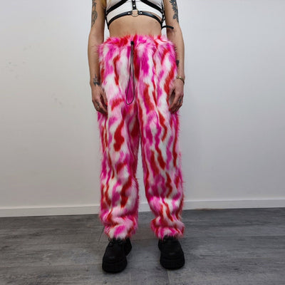 Striped fur joggers winter raver pants fluffy zebra trousers skiing fleece tie-dye overalls festival bottoms burning man pants in red pink