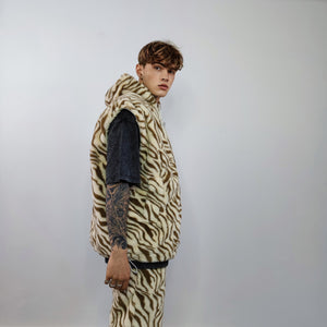 Tiger print hooded jacket handmade detachable faux fur animal print bomber stripe pattern fleece party coat festival zebra hoodie in cream