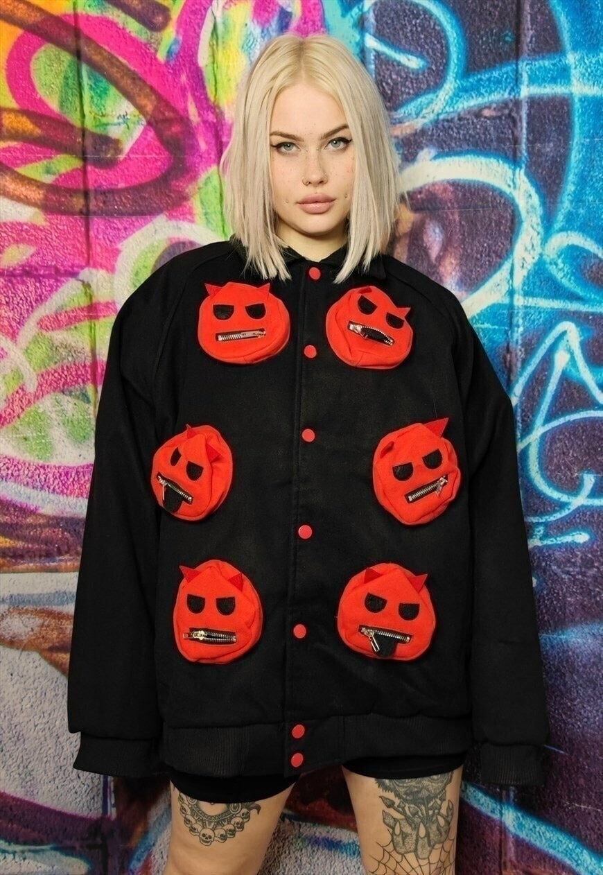 Monster patch bomber utility cargo varsity jacket devil coat