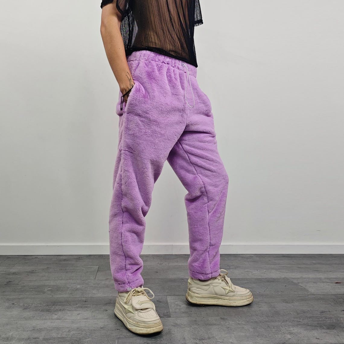 Faux fur joggers lilac soft fleece trousers luxury soft pants handmade party hotpants fluffy festival set raver tracksuit