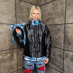 Paisley bomber handmade detachable bandanna puffer tie-dye jacket cashew print coat two sided jacket in blue