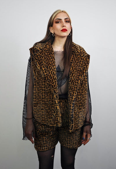 Arabic pattern trench coat brown cropped fleece rock jacket