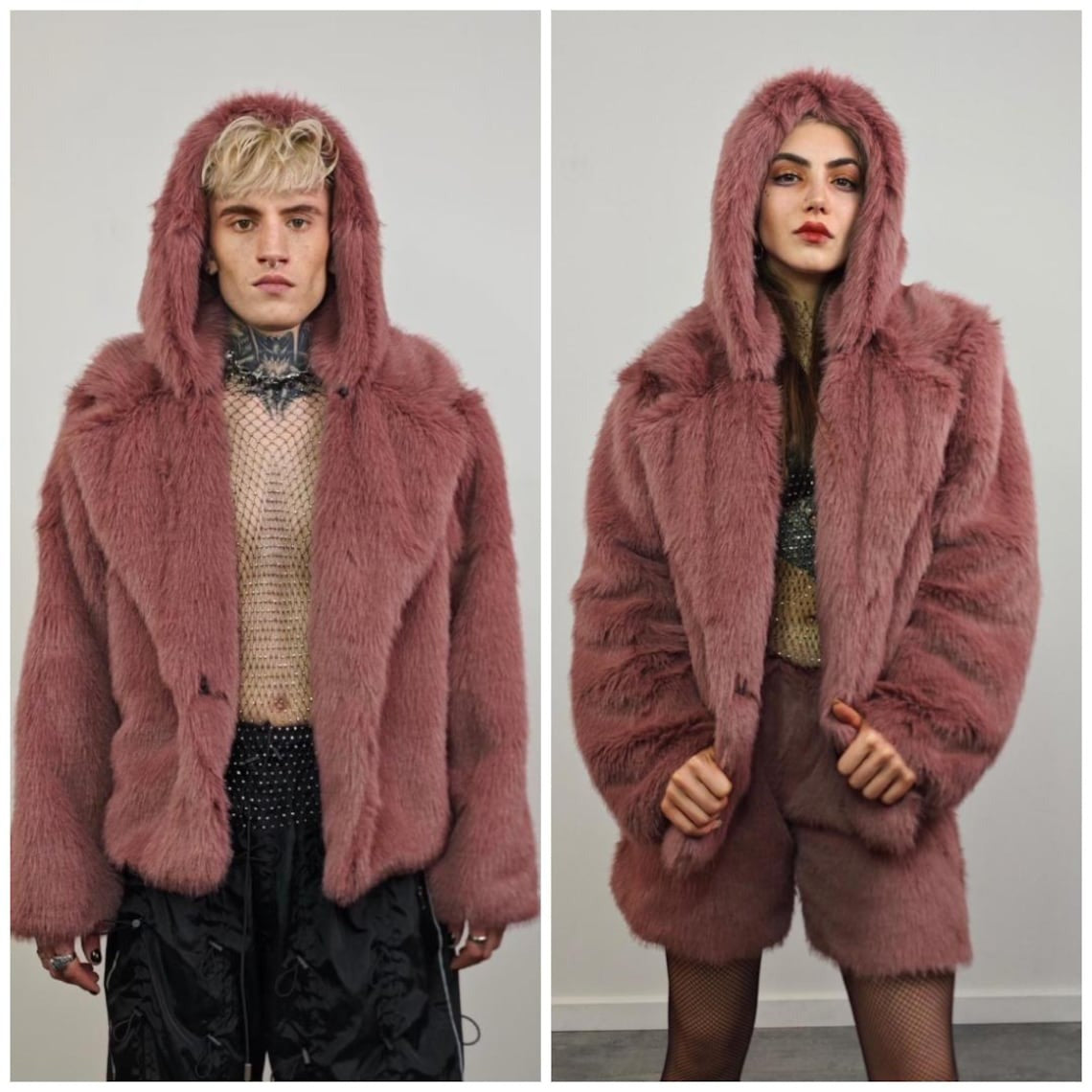 Gray faux fur jacket shaggy cropped bomber short going out coat fuzzy grunge detachable sleeves handmade luxury festival overcoat fleece