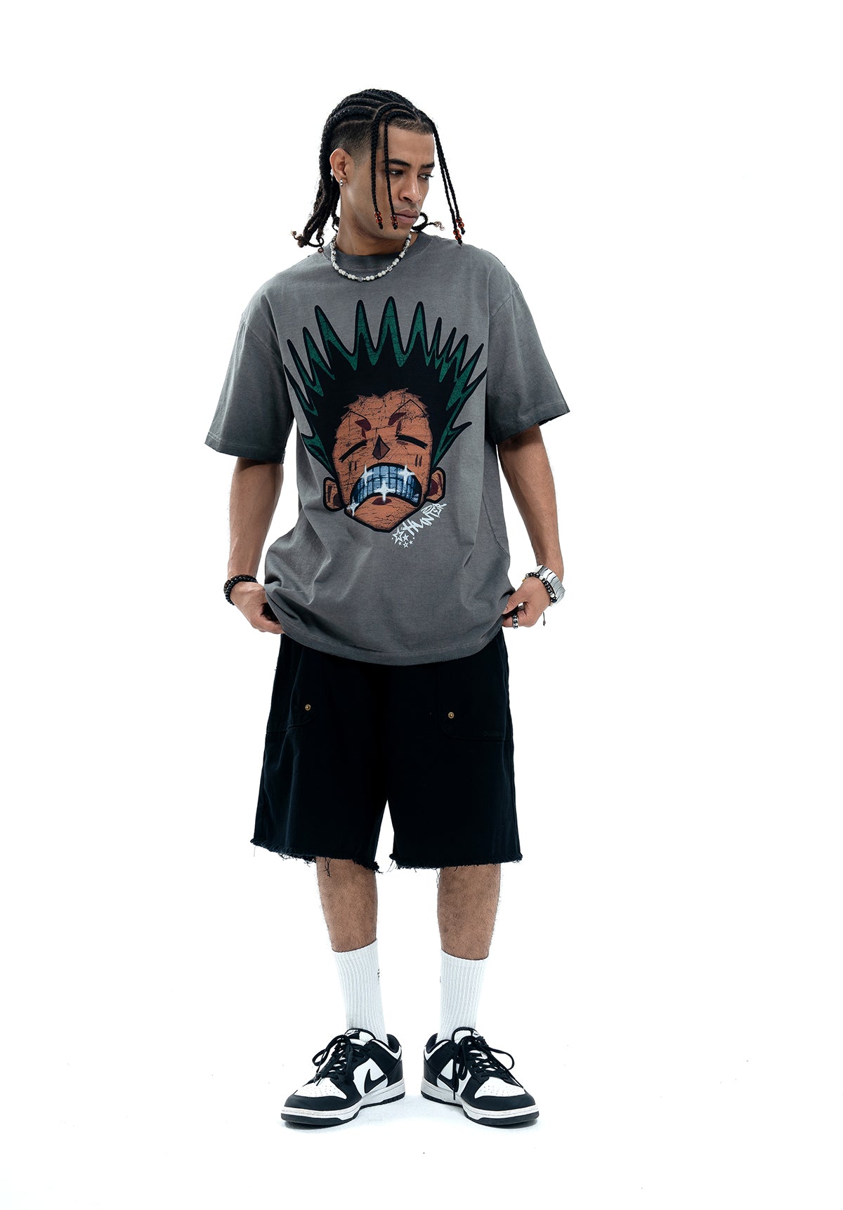 Angry boy t-shirt hunter cartoon tee retro anime top in grey