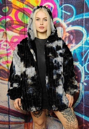 Tie-dye fleece jacket reversible faux fur gradient jacket