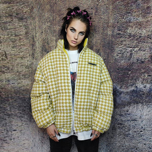 Dog-tooth jacket preppy bomber retro check coat in yellow