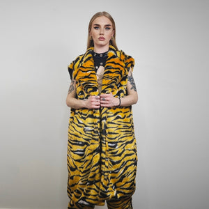 Tiger fur coat striped pattern longline trench glam rocker overcoat animal print bomber festival jacket customizable zebra peacoat in yellow