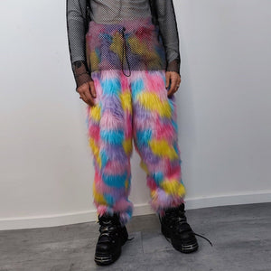 Marshmallow faux fur joggers raver pants fluffy rainbow trousers ski fleece tie-dye unicorn overalls festival bottoms burning man pants pink