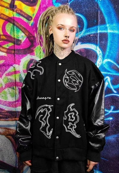 Grunge varsity jacket Gothic patch baseball bomber black