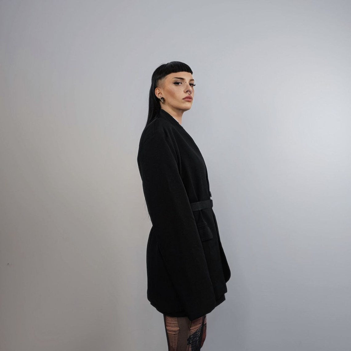 Collarless blazer belted rocker jacket smart utility catwalk suit grunge coat high fashion smart jacket unusual padded varsity black