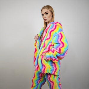 Gay jacket rainbow hoodie festival fleece bright raver bomber fluffy carnival overcoat LGBT jumper festival pullover burning man top