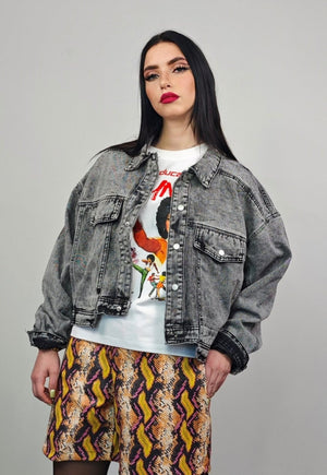 Cropped denim jacket acid grey short jean raver bomber