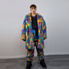 Faux fur long psychedelic coat 70s trench neon raver bomber fluffy tie-dye fleece disco festival jacket burning man going out coat blue pink