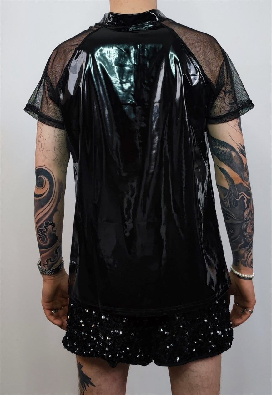 Rubber polo shirt PU grunge top transparent sleeves jumper