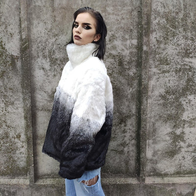 Gradient faux fur jacket tie-dye fluffy bomber festival varsity jacket raised neck fleece coat high fashion Autumn Winter coat white black