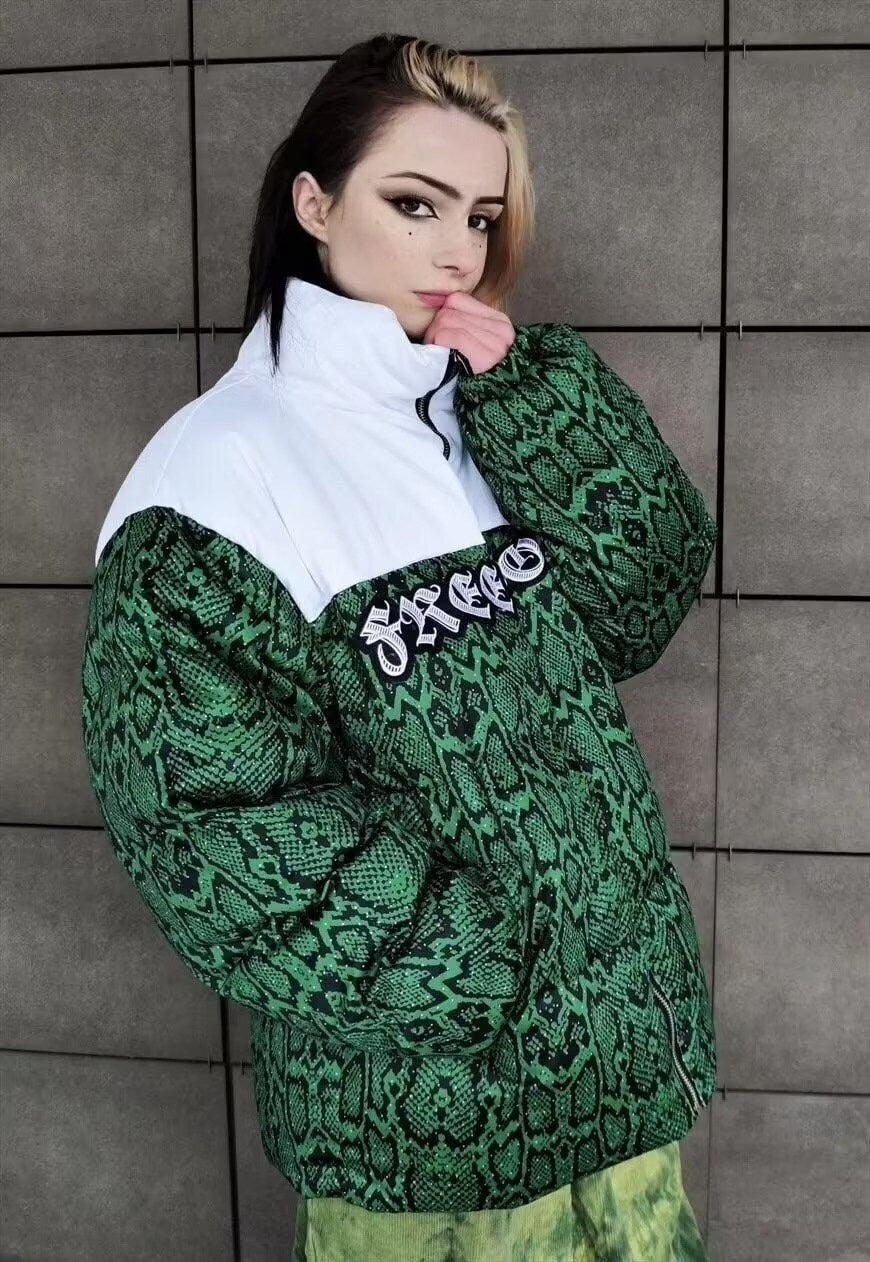 Snake print bomber python puffer rave jacket in green white