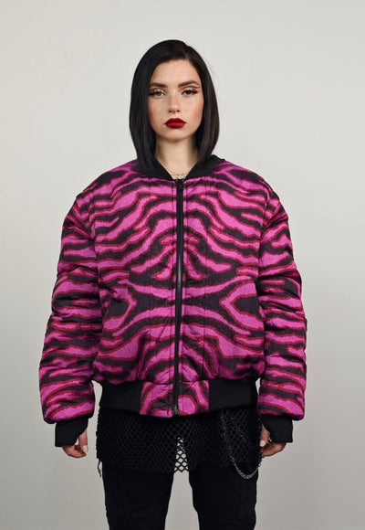 Zebra print varsity jacket pink striped reversible bomber