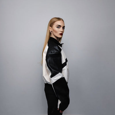 Faux leather motorcycle jacket PU racing bomber cropped college jacket edgy varsity jacket raised neck biker coat in white black