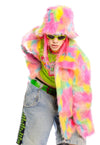 Rainbow shaggy faux fur jacket unicorn raver bomber fluffy festival coat party fleece bomber neon burning man coat in bright pink blue