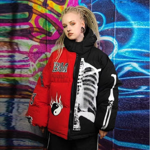 Skeleton puffer split color bomber jacket grunge varsity red