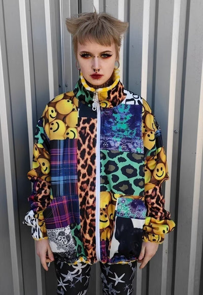 Reversible emoji fleece jacket handmade tartan coat yellow