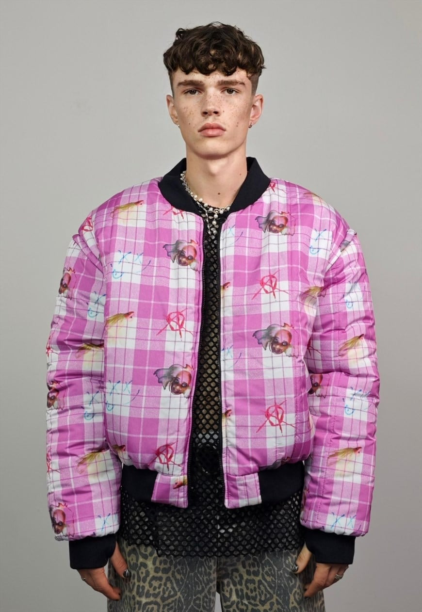 Punk varsity jacket pink plaid check reversible rave bomber