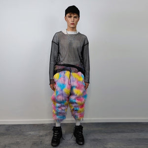 Marshmallow faux fur joggers raver pants fluffy rainbow trousers ski fleece tie-dye unicorn overalls festival bottoms burning man pants pink