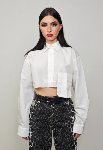 Cropped white shirt transparent short blouse asymmetric top