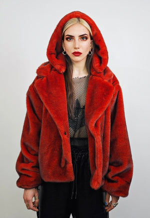 Short faux fur coat red premium detachable trench jacket