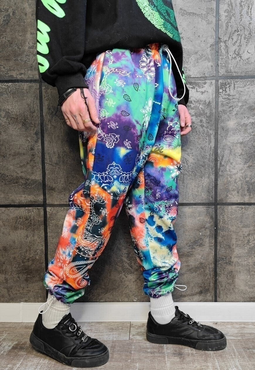 Tie-dye paisley joggers handmade bandanna rave pants orange