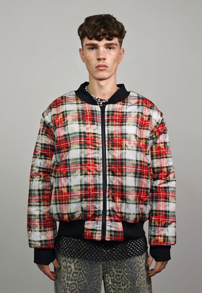 Tartan check varsity jacket red tie-dye reversible bomber