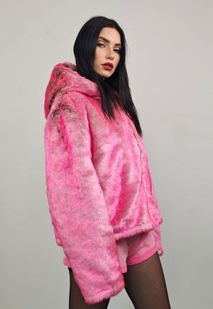 Pink faux fur jacket hooded fluffy bomber fuzzy cropped coat