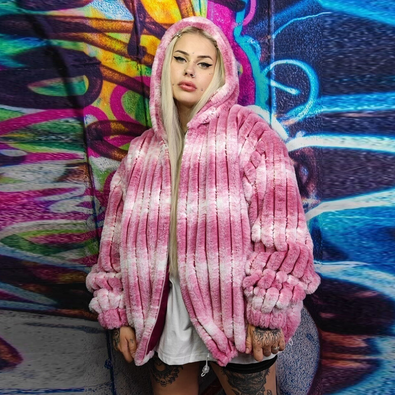 Tie-dye fleece jacket detachable gradient fluffy bomber pink