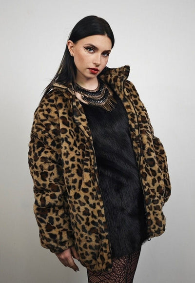 Animal print fleece jacket brown leopard coat zip up cheetah