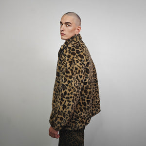 Animal print fleece jacket brown leopard coat zip up cheetah bomber wild cat overcoat fluffy jaguar festival jacket bobcat jumper