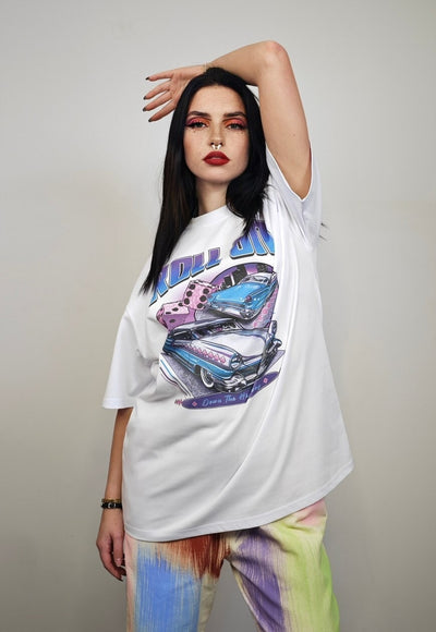 Mustang print t-shirt retro car top 60s vibe  tee in white