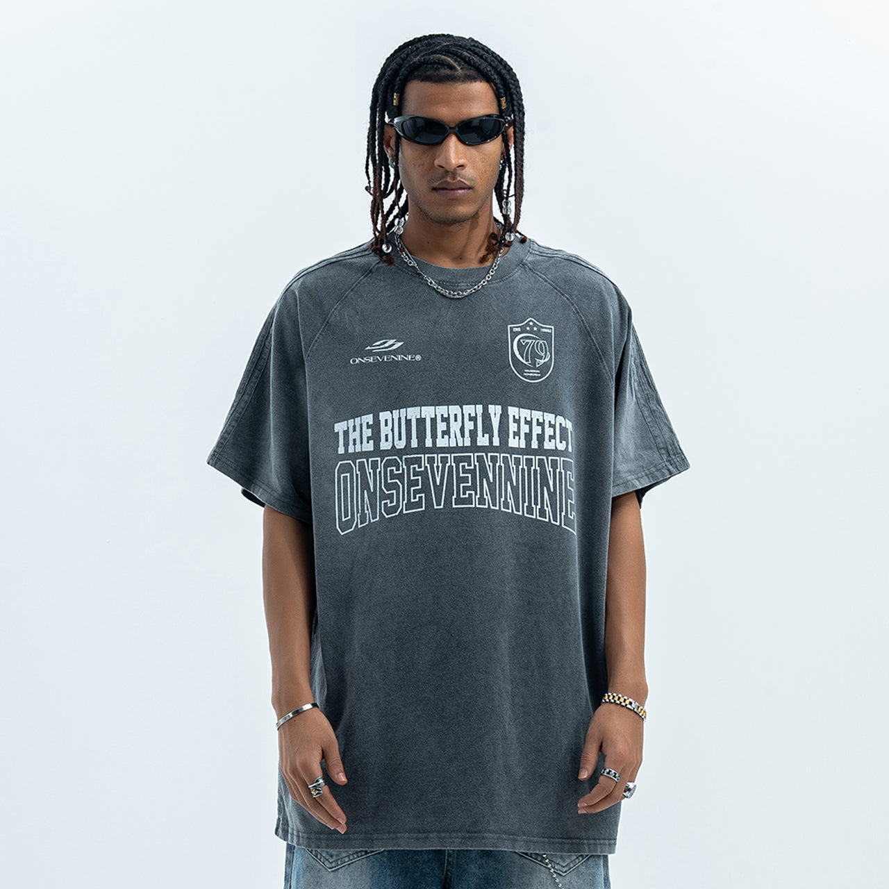 Butterfly effect t-shirt grunge slogan tee racing top in grey