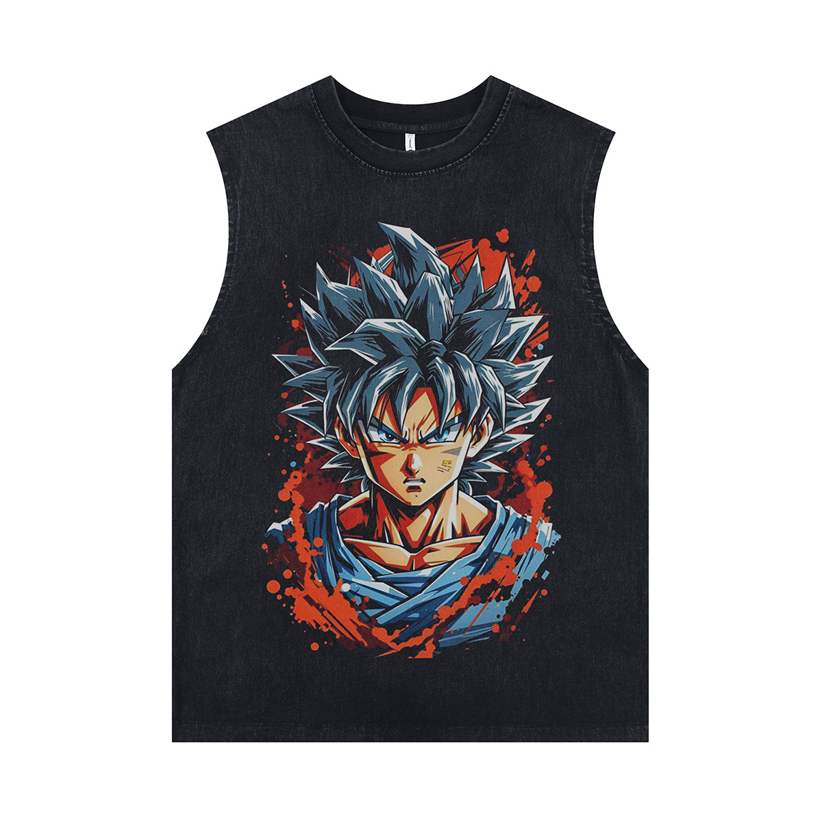 Anime hero sleeveless t-shirt vintage Japanese vest retro Goku cartoon tank top in acid wash black