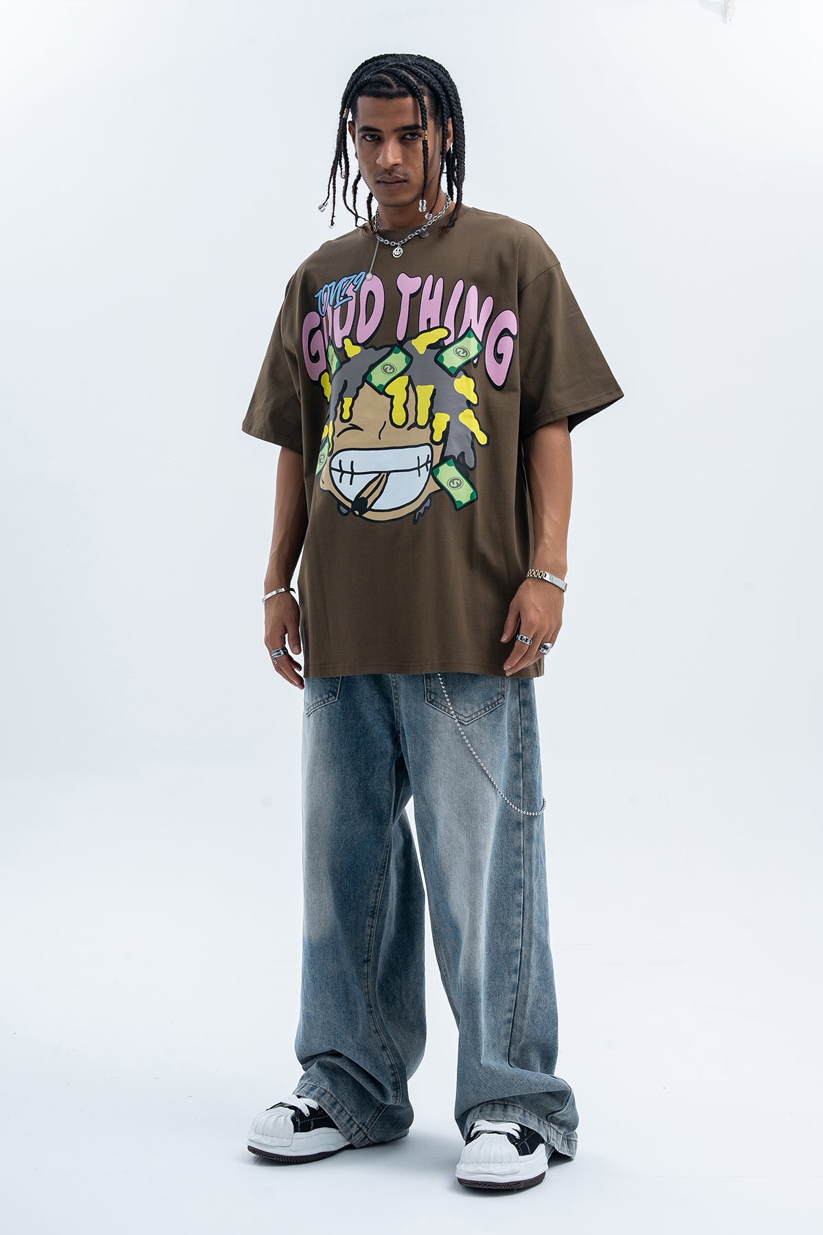 Hip-hop t-shirt rapper top money print tee Brown