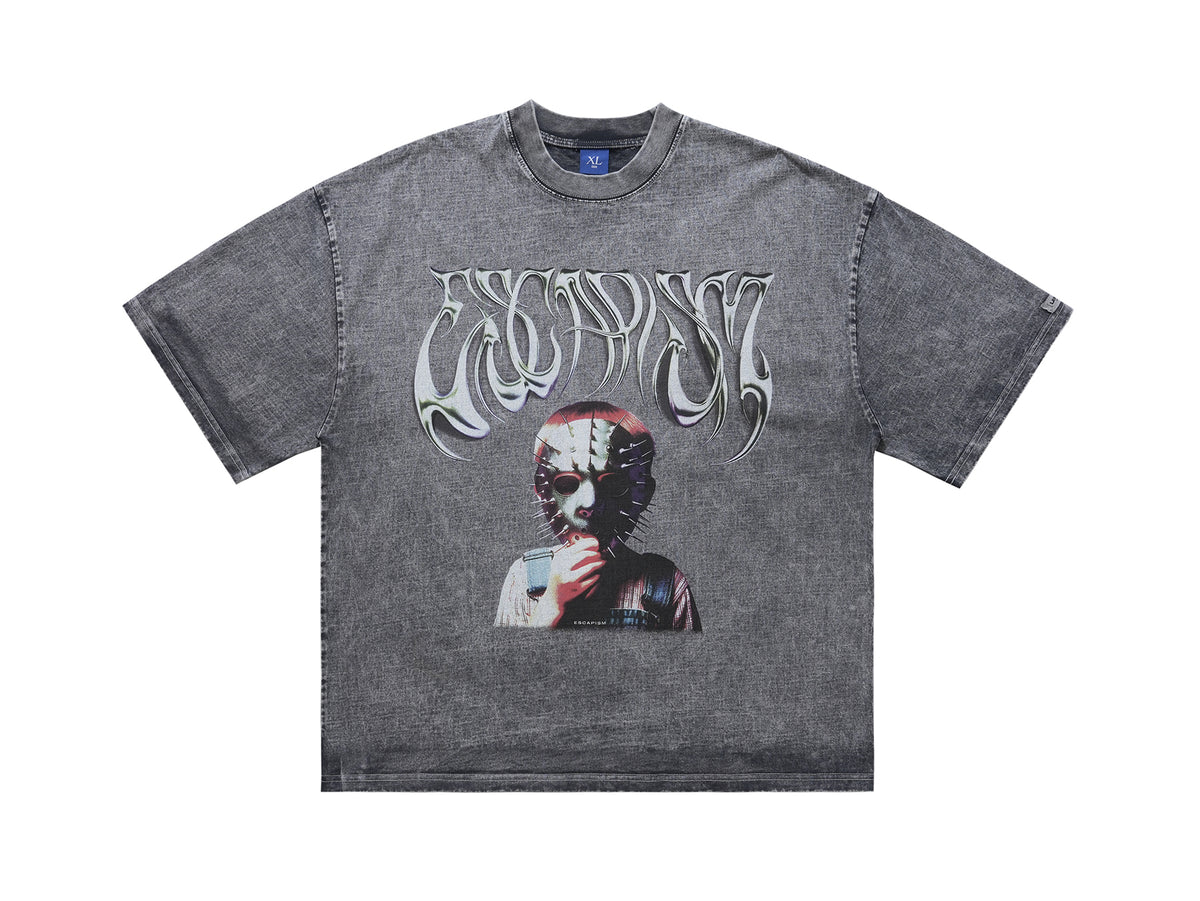 Creepy mask t-shirt scary movie top horror tee retro jumper in grey