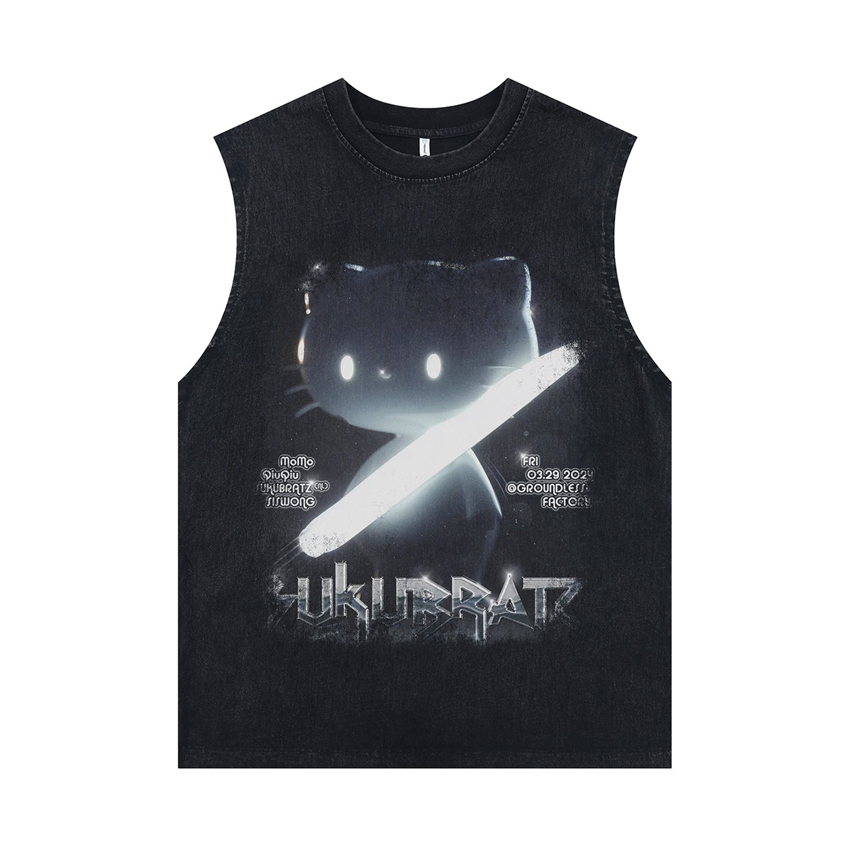 Creepy cat sleeveless t-shirt x-ray cartoon surfer vest 00s grunge kitten tank top in acid wash black