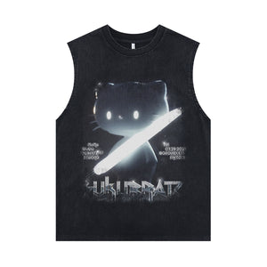 Creepy cat sleeveless t-shirt x-ray cartoon surfer vest 00s grunge kitten tank top in acid wash black