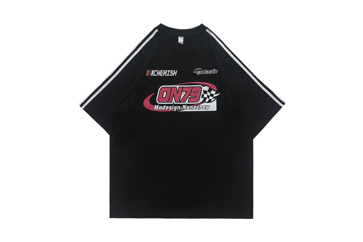 Racing t-shirt motorsports tee y2k sports top striped jumper in black
