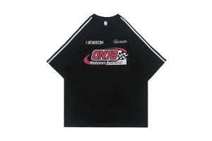 Racing t-shirt motorsports tee y2k sports top striped jumper in black
