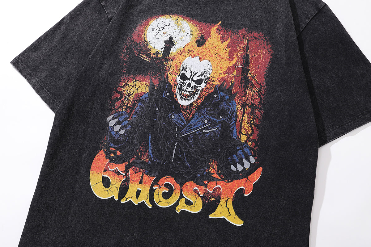 Biker t-shirt ghost slogan tee skeleton print top in vintage grey