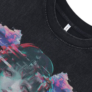 Sad girl sleeveless t-shirt angel print surfer vest 00s anime tank top in acid wash black